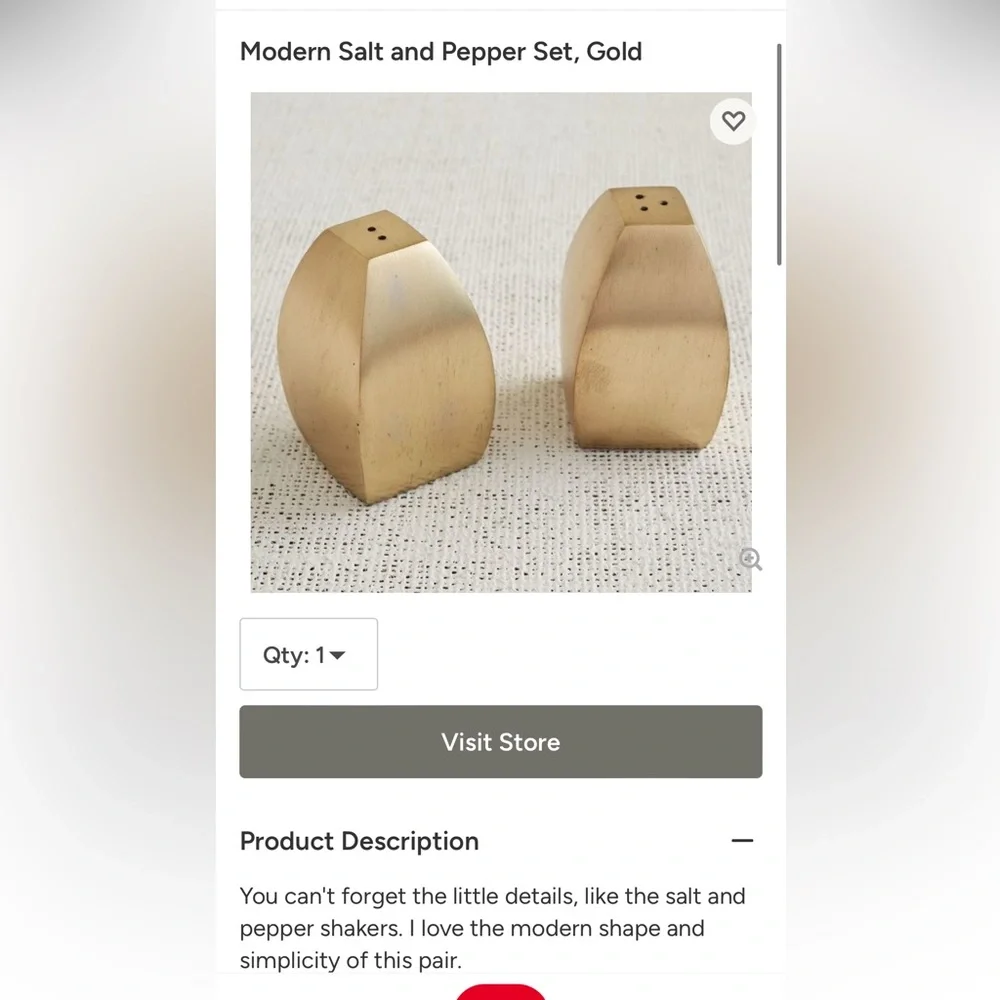 New! West Elm Modern gold salt and pepper shaker NIB